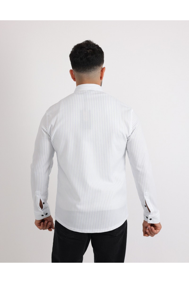 Cliento Likralı Örme Çizgili Waffle Kumaş Rahat Erkek Gömlek