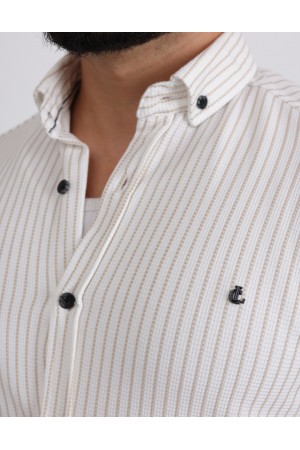Cliento Likralı Örme Çizgili Waffle Kumaş Rahat Erkek Gömlek