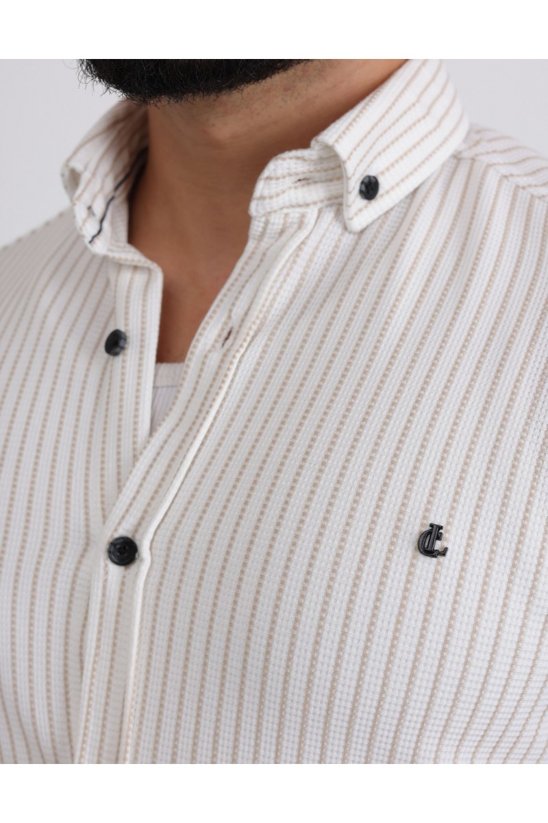 Cliento Likralı Örme Çizgili Waffle Kumaş Rahat Erkek Gömlek