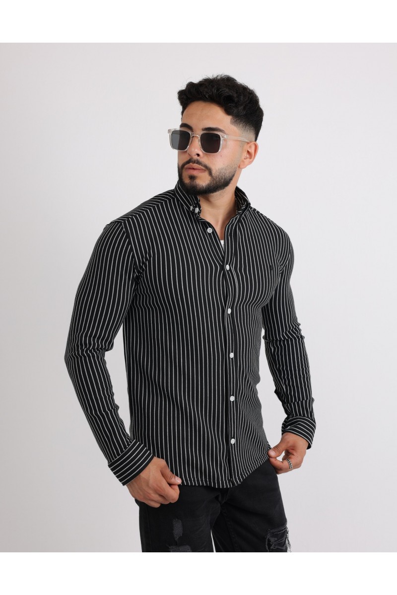 Cliento Likralı Örme Çizgili Waffle Kumaş Rahat Erkek Gömlek