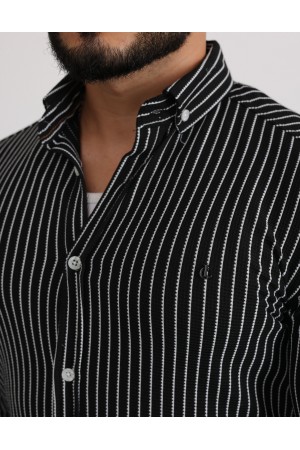 Cliento Likralı Örme Çizgili Waffle Kumaş Rahat Erkek Gömlek