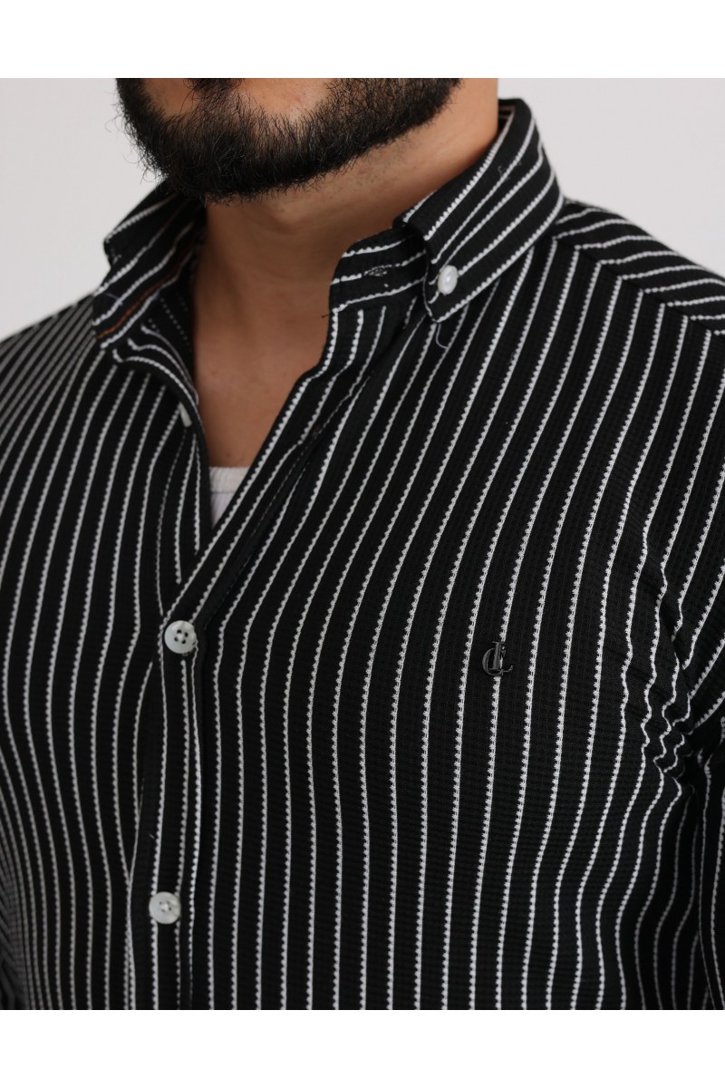 Cliento Likralı Örme Çizgili Waffle Kumaş Rahat Erkek Gömlek
