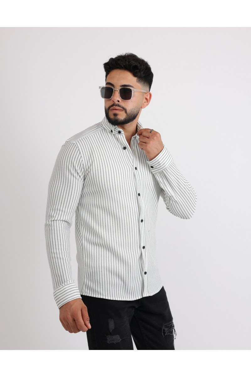 Cliento Likralı Örme Çizgili Waffle Kumaş Rahat Erkek Gömlek